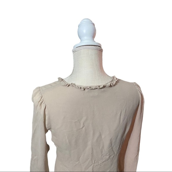Pendleton Khaki Semi-Sheer 100% Silk Ruffled Neck Button Front LS Blouse Women 8 - Picture 6 of 10